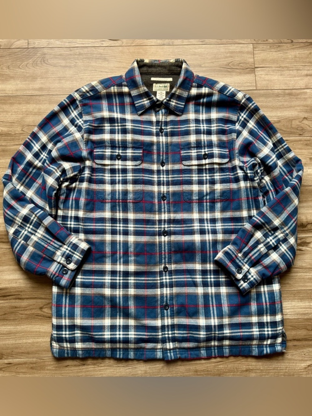 LL BEAN Men's Fleece-Lined Flannel Shirt Traditional Fit Blue Plaid Size Large